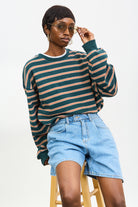 Mid blue denim pleated tab waist shorts_5