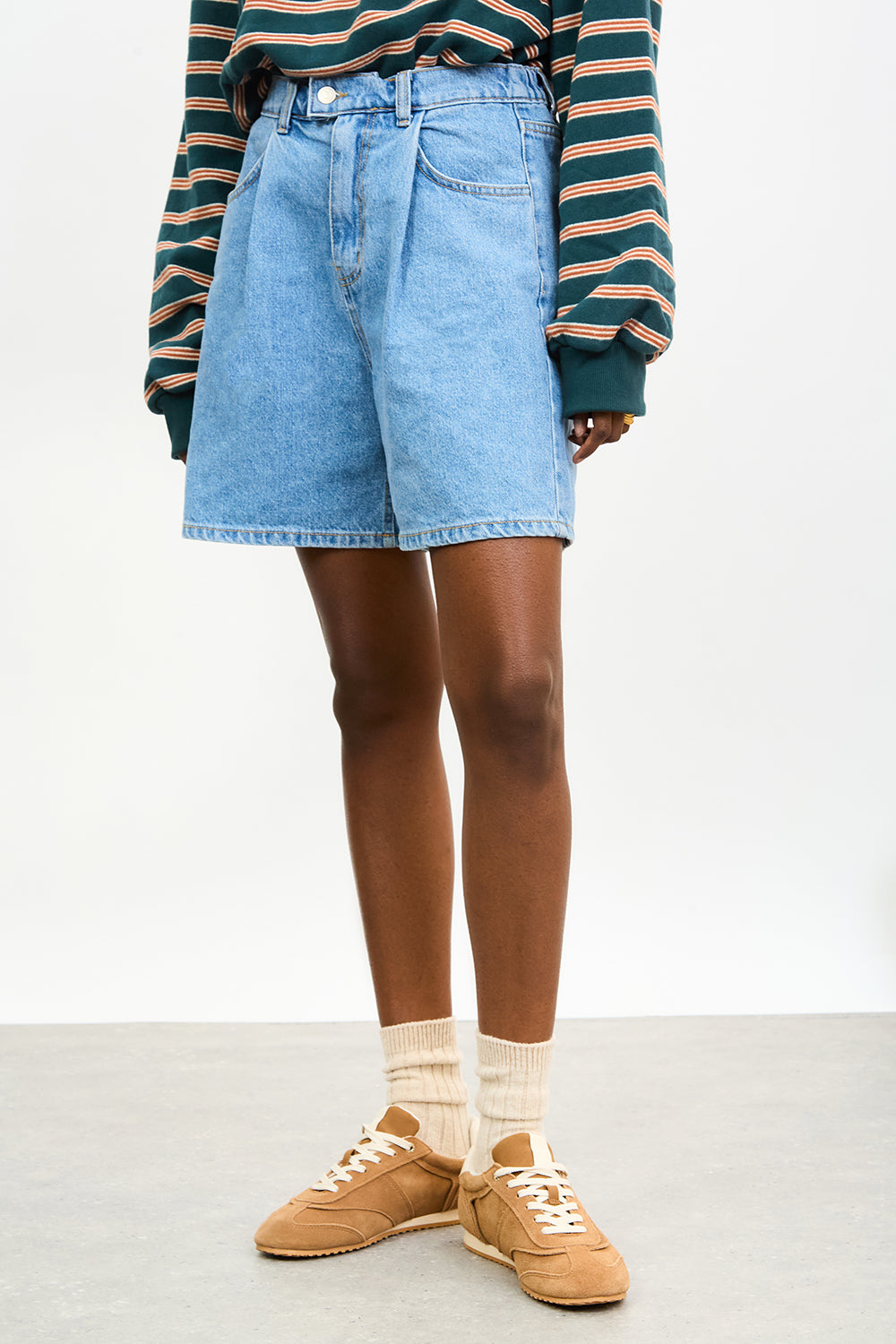 Mid blue denim pleated tab waist shorts_1