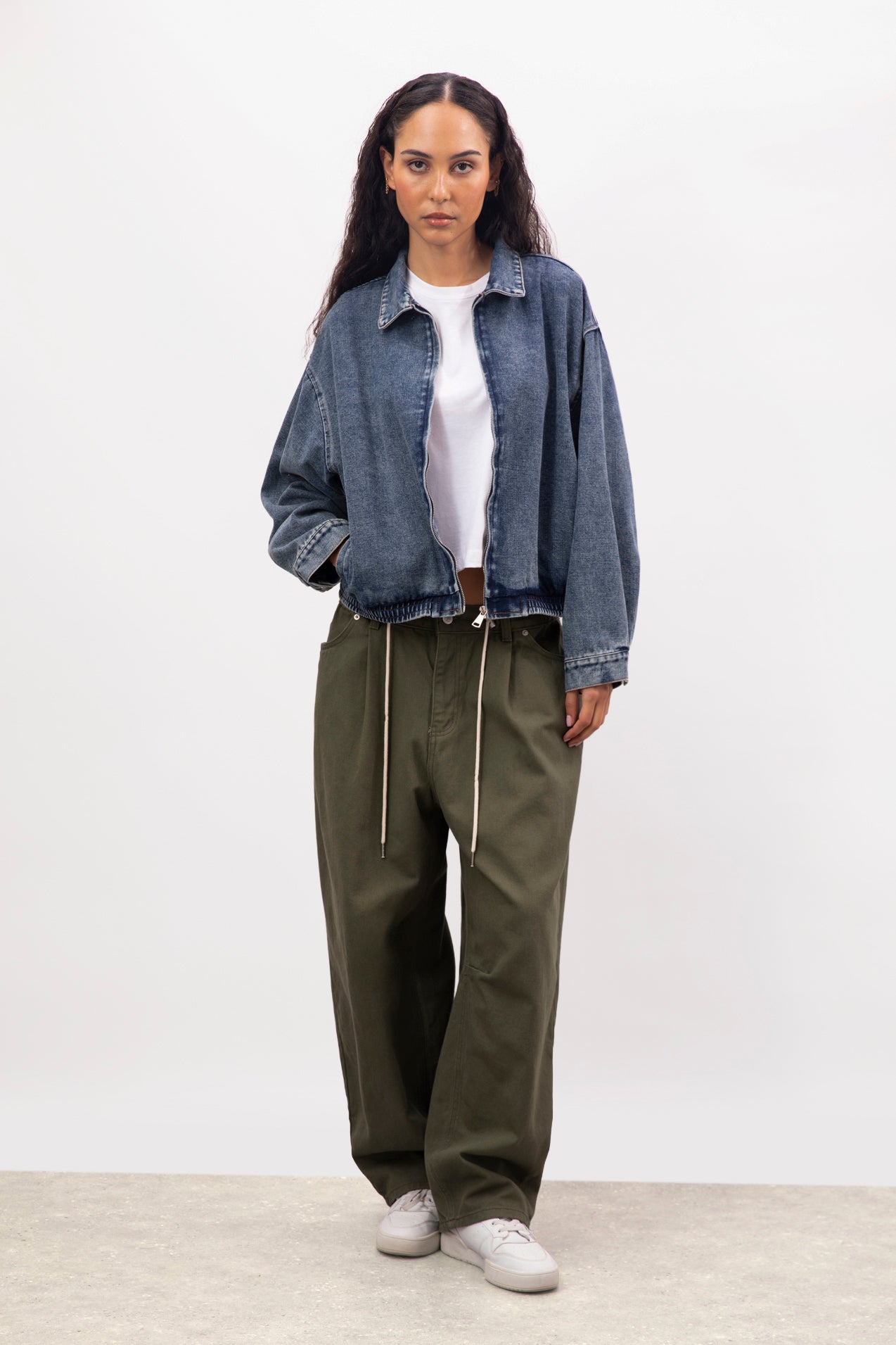 Mid blue denim zip up bomber jacket | Glassworks London