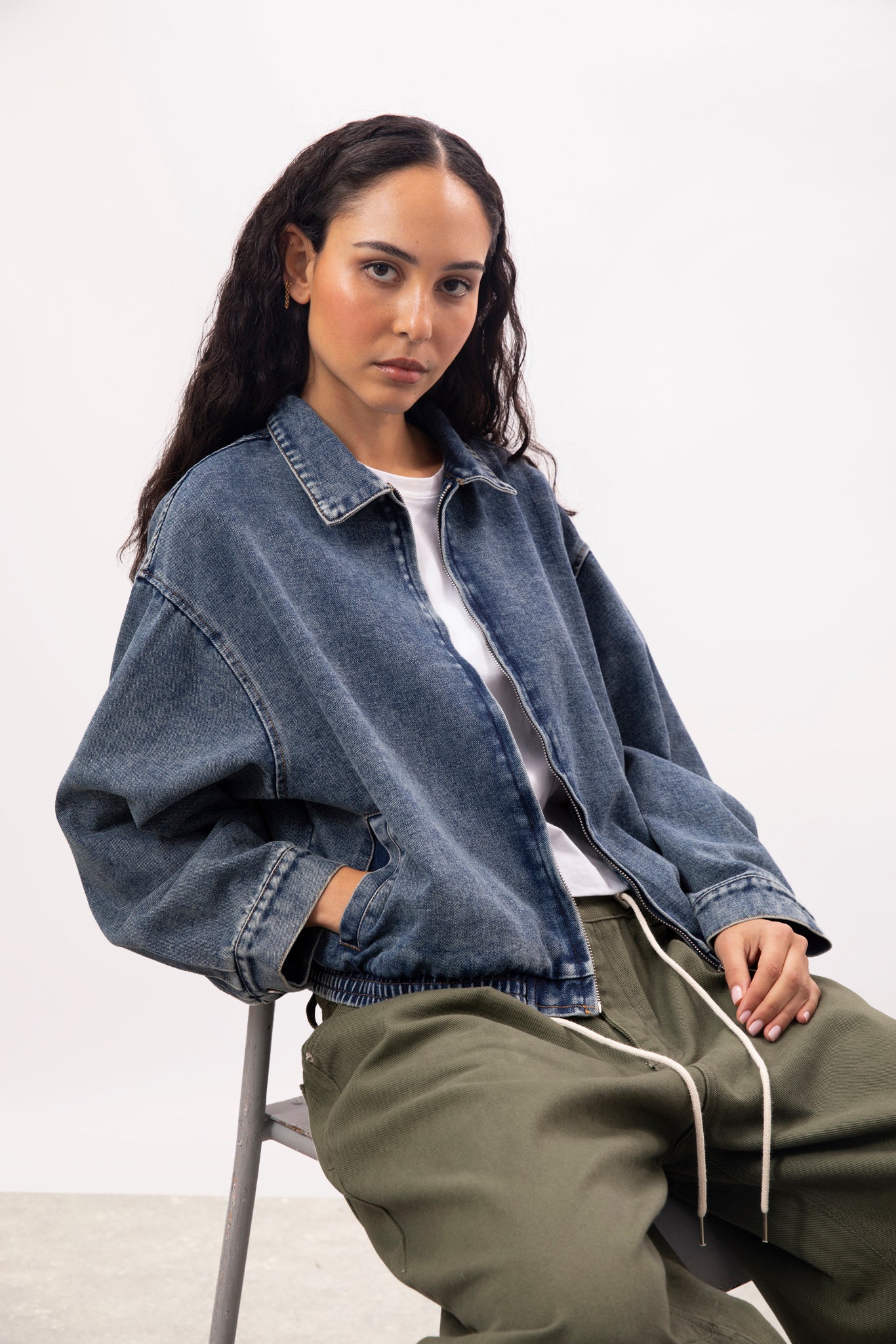 Mid blue denim zip up bomber jacket | Glassworks London