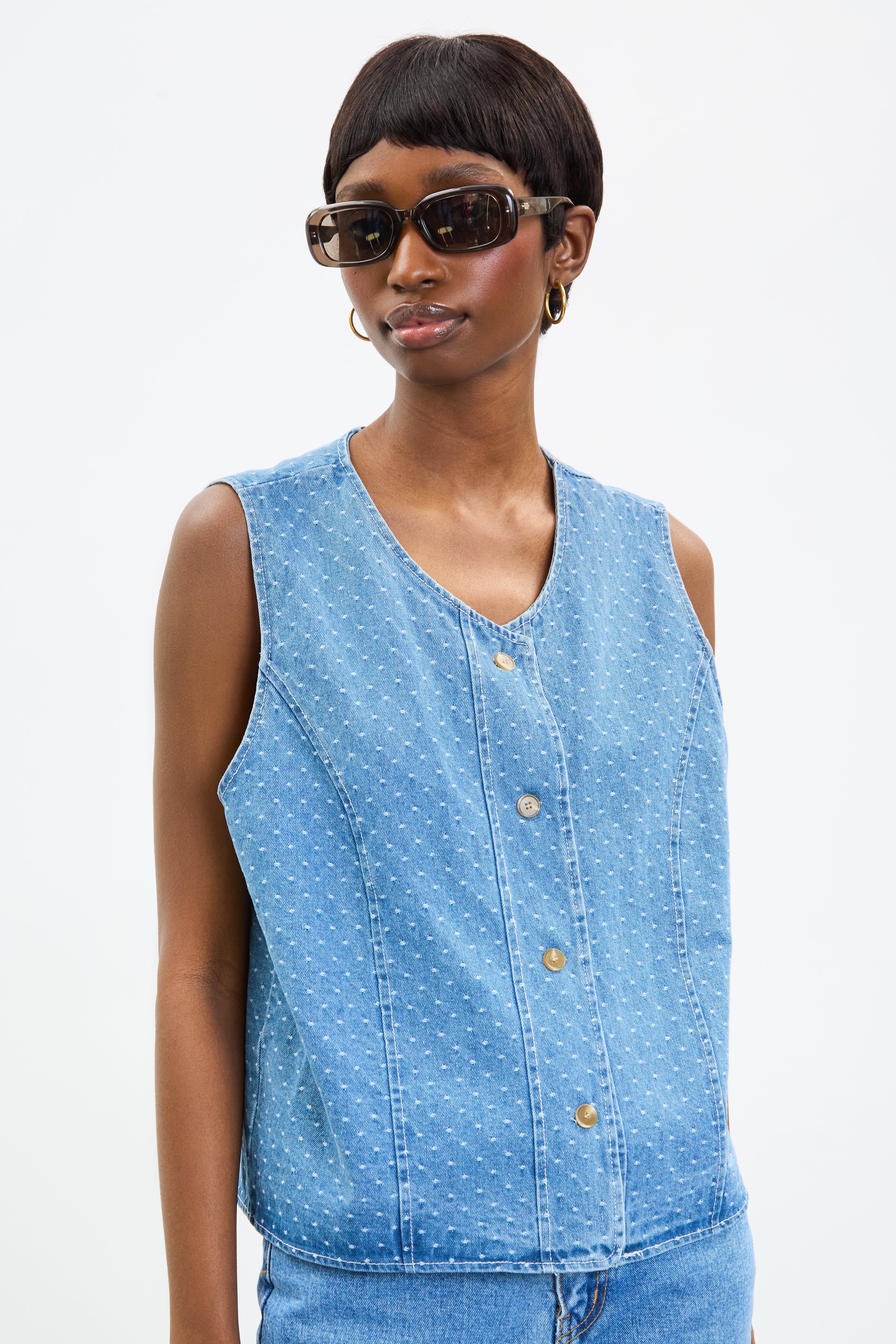 Mid blue polka dot denim waistcoat_1
