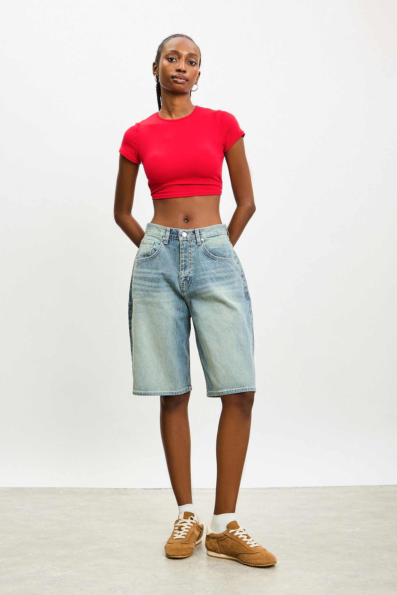 Mid blue striped denim shorts_4