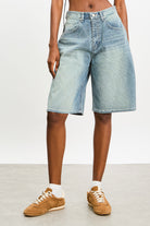 Mid blue striped denim shorts_1