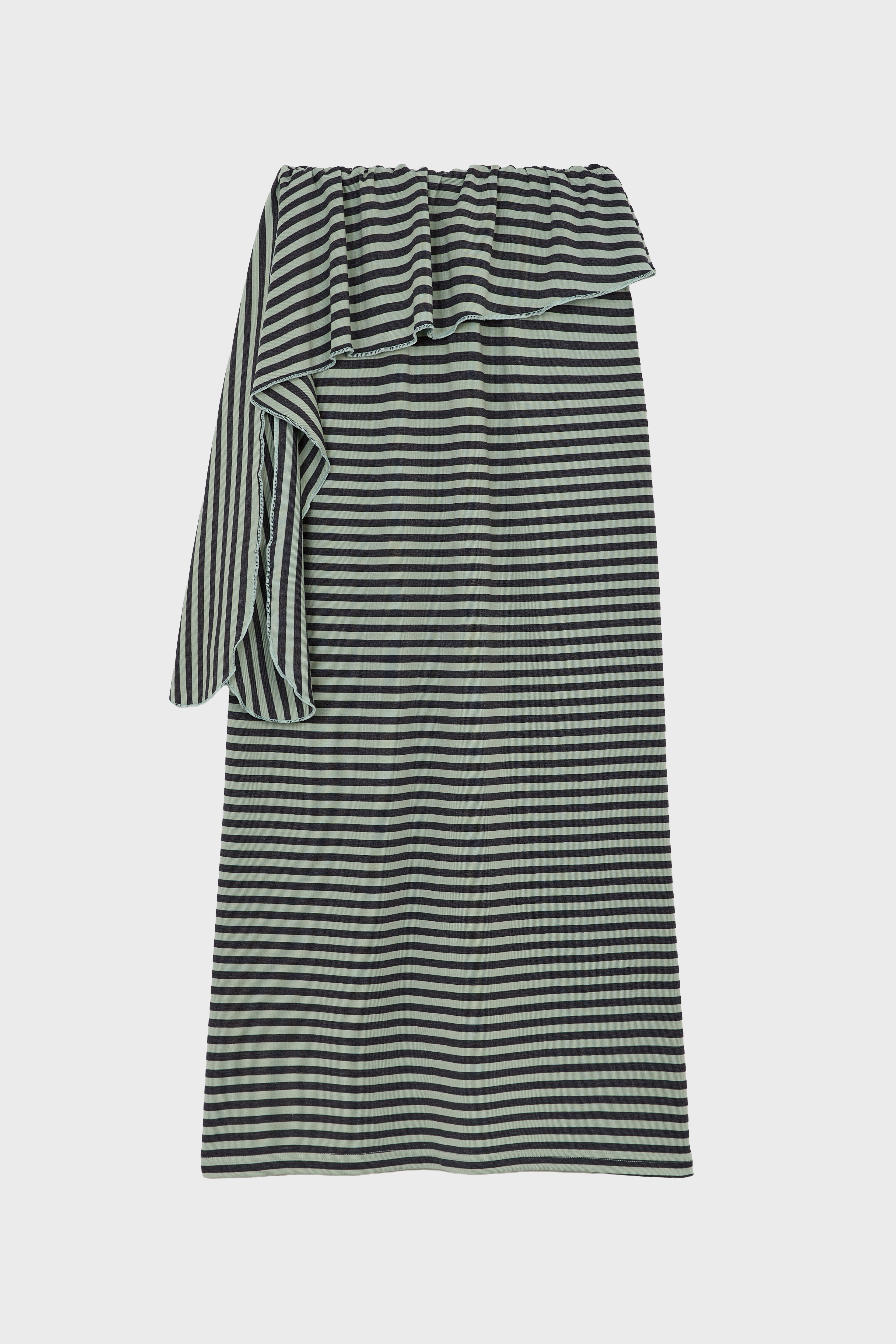 Mint green and black striped ruffle waist midi skirt_1