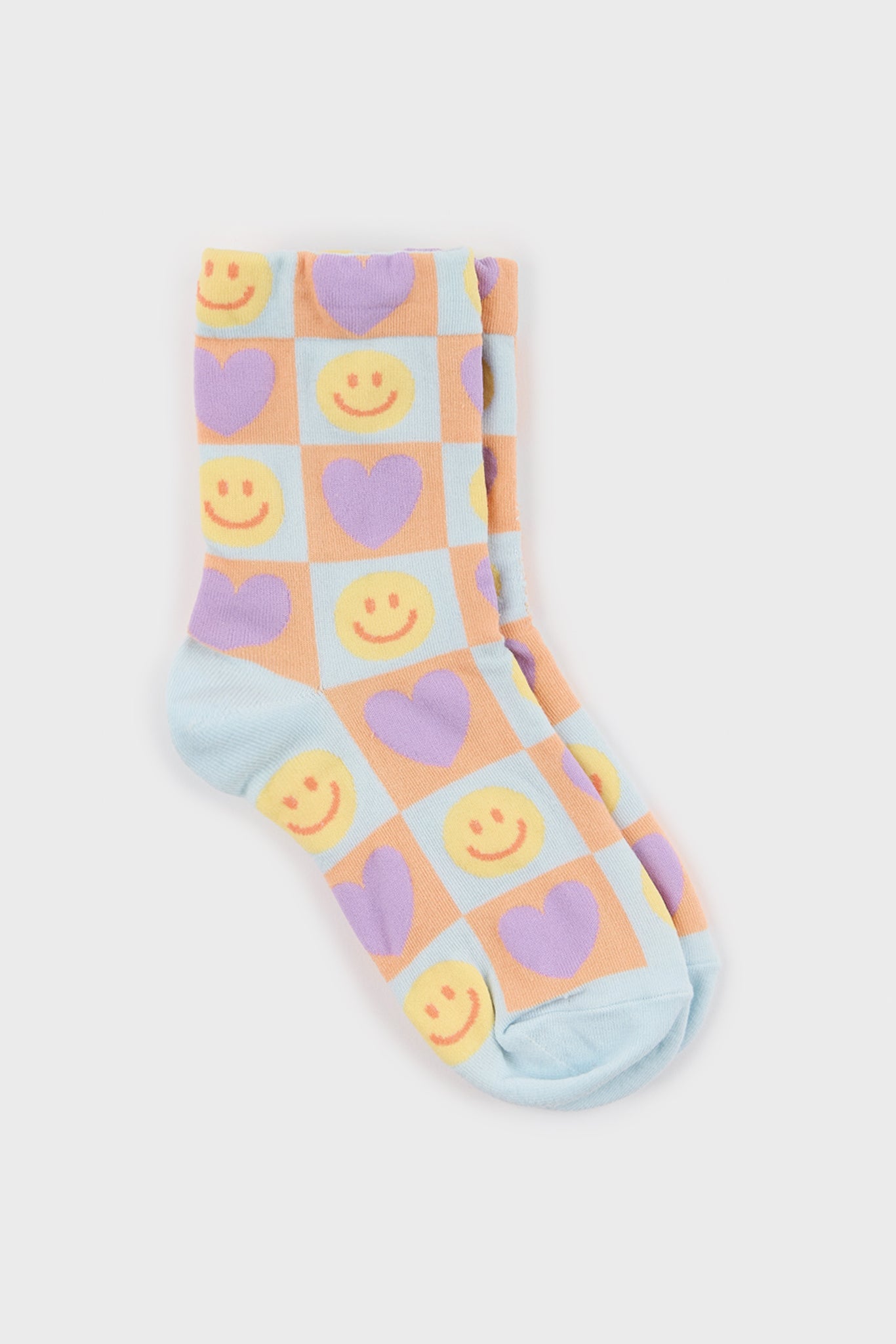 Mint green and peach smiley face heart block socks_3