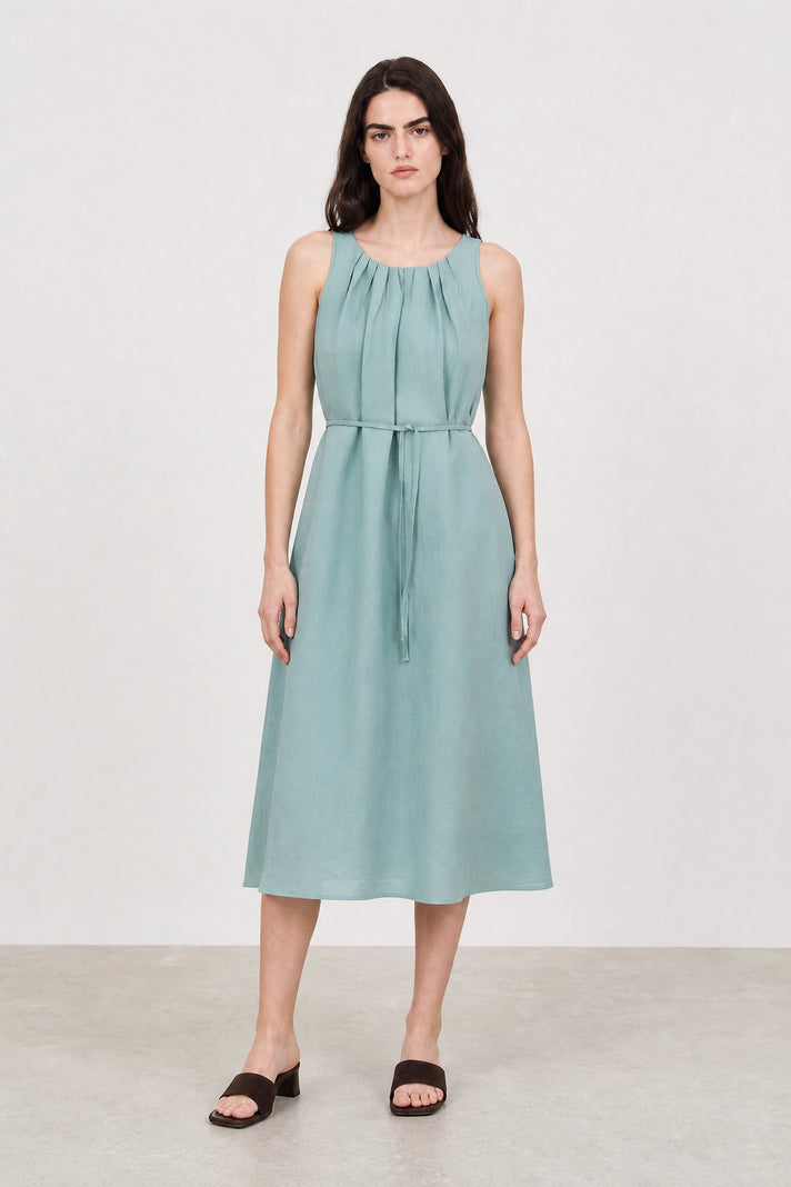 Mint green pleat neck tie waist dress_1