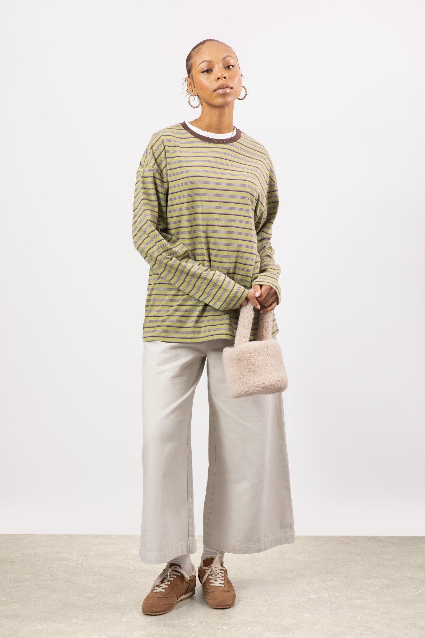 Mint green striped brown contrast collar long sleeve top