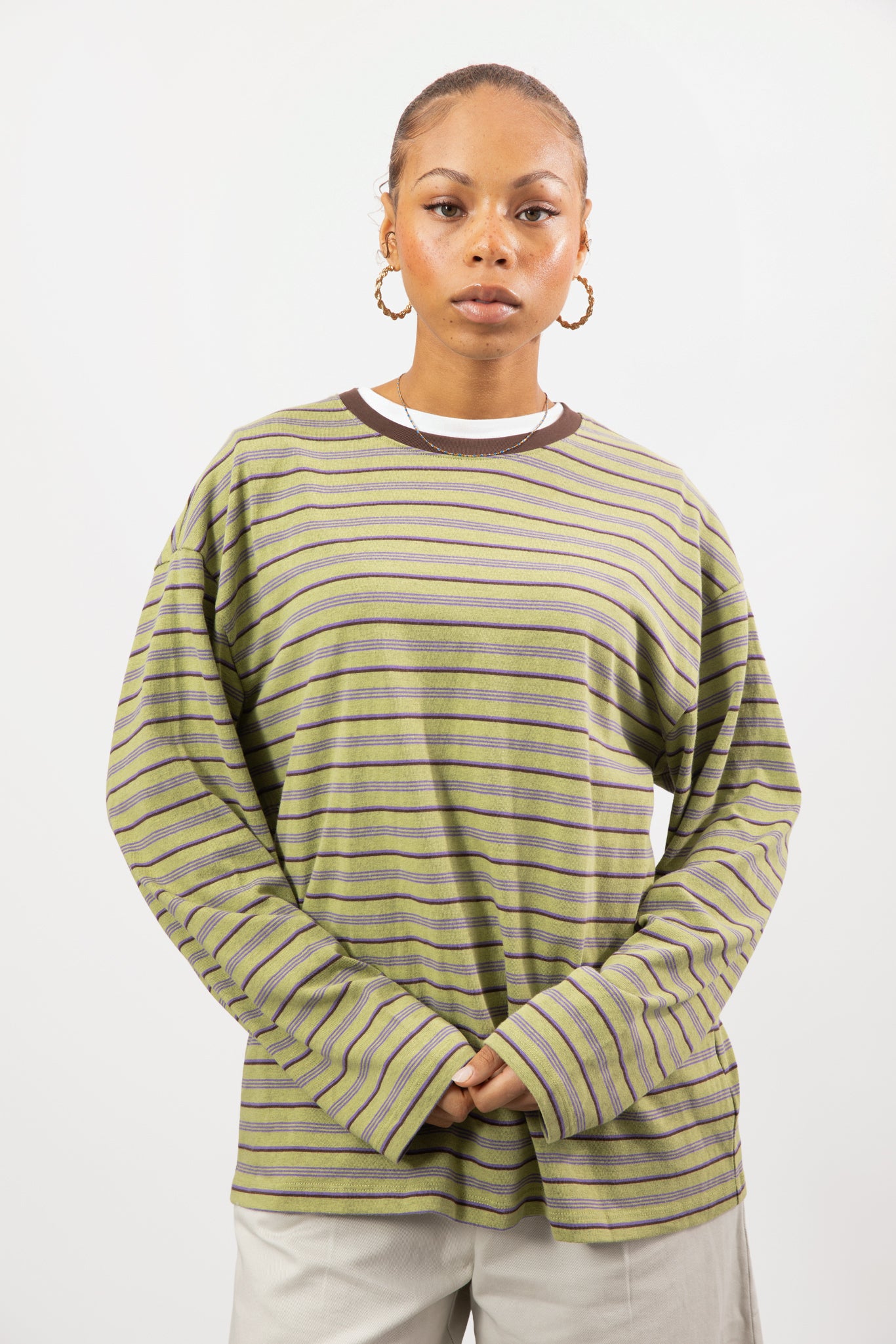 Mint green striped brown contrast collar long sleeve top