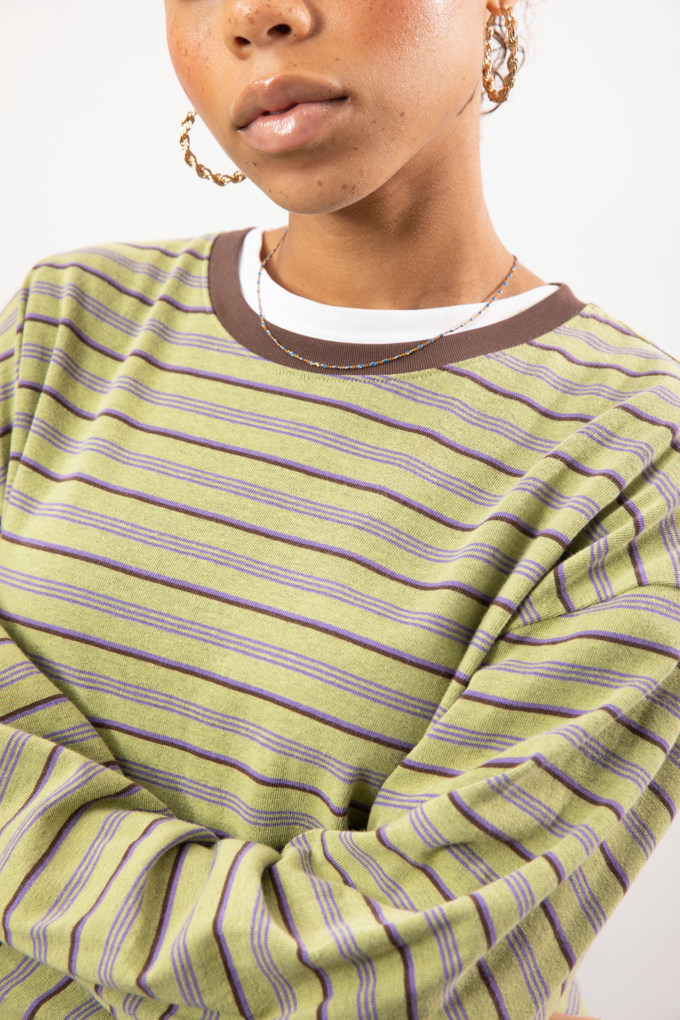 Mint green striped brown contrast collar long sleeve top_3