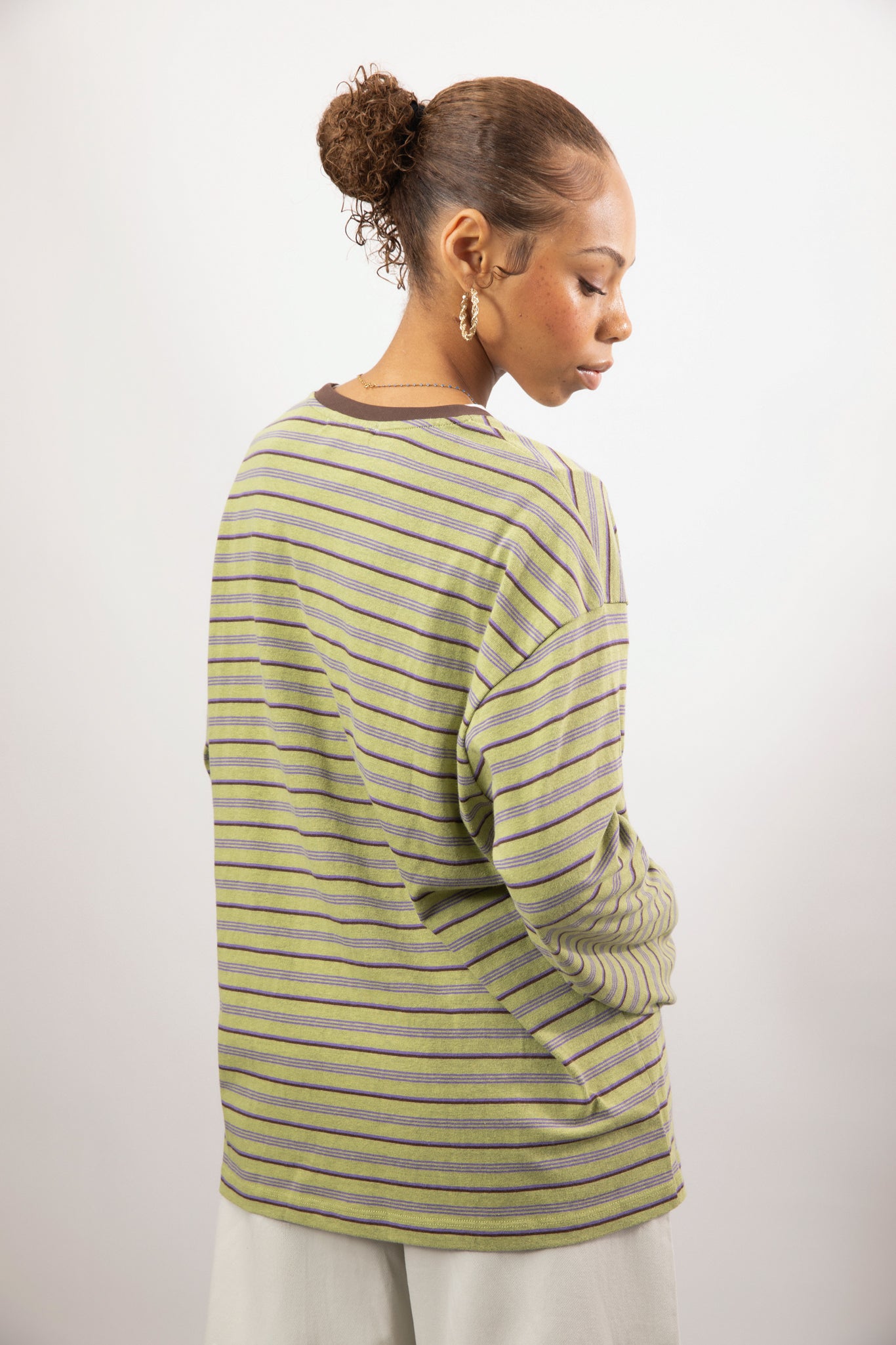 Mint green striped brown contrast collar long sleeve top_2