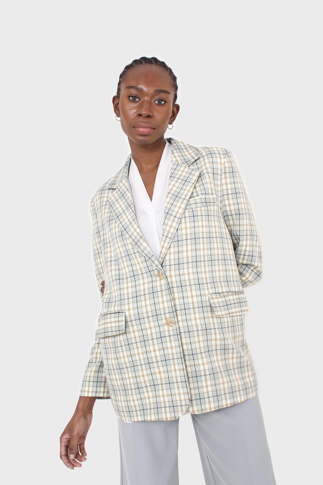 Mint green and beige check oversized blazer_5