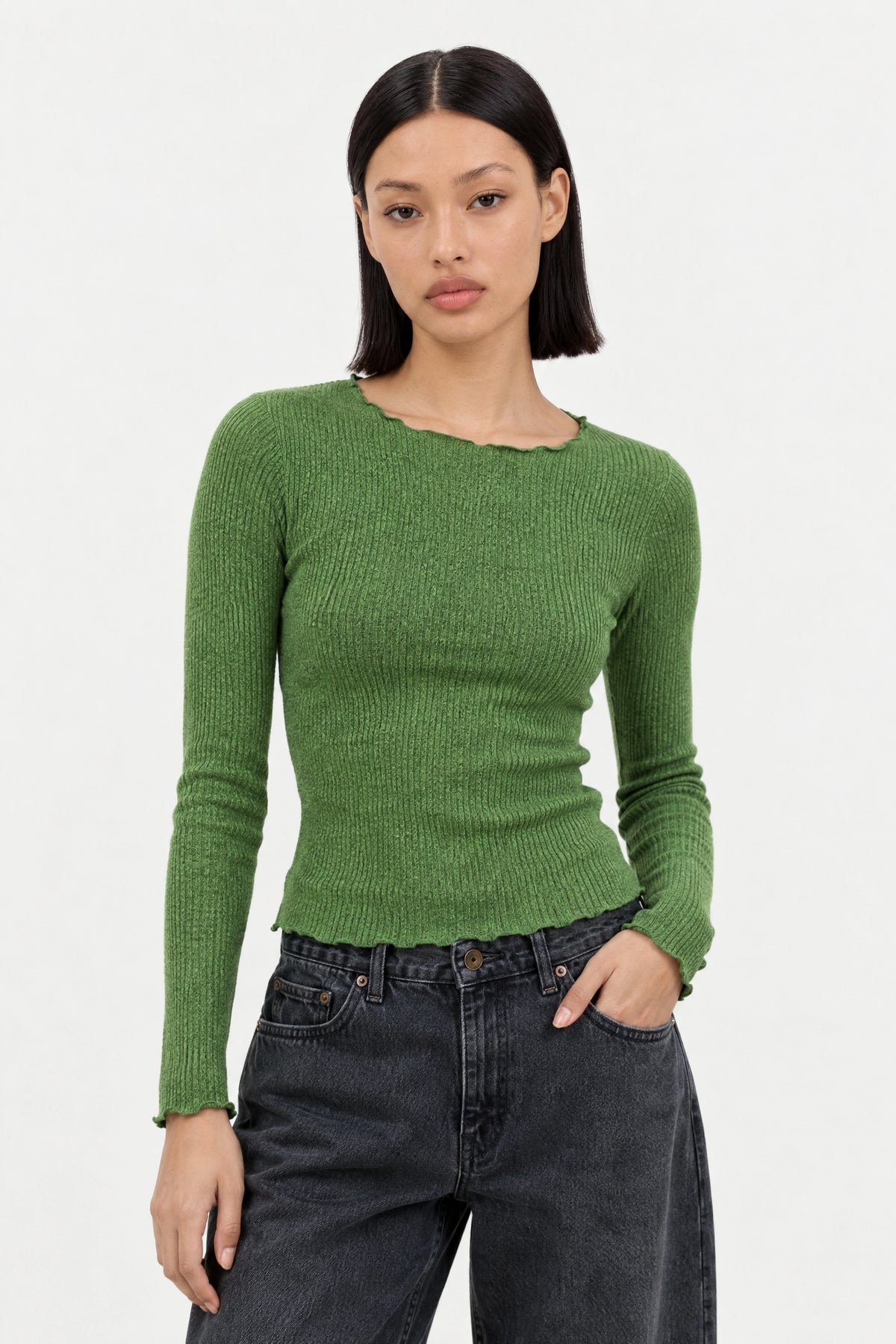 Green ruffle trim ribbed top_1