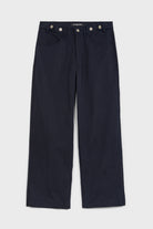 Navy blue adjustable waist double button jeans_6