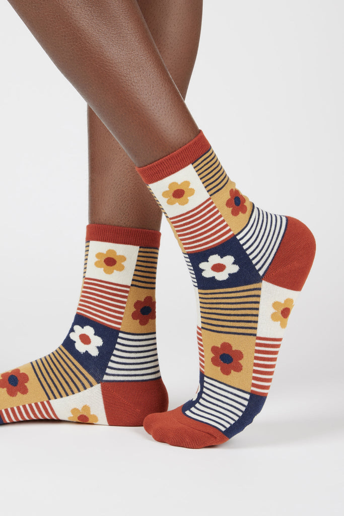 Mustard and blue floral striped check socks_1