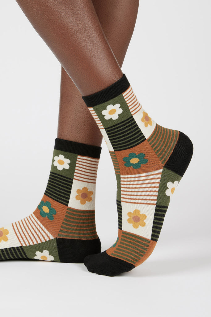 Mustard and green floral striped check socks_1