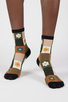 Mustard and green floral striped check socks_4