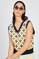 Mustard and navy intarsia graphic sweater vest_2