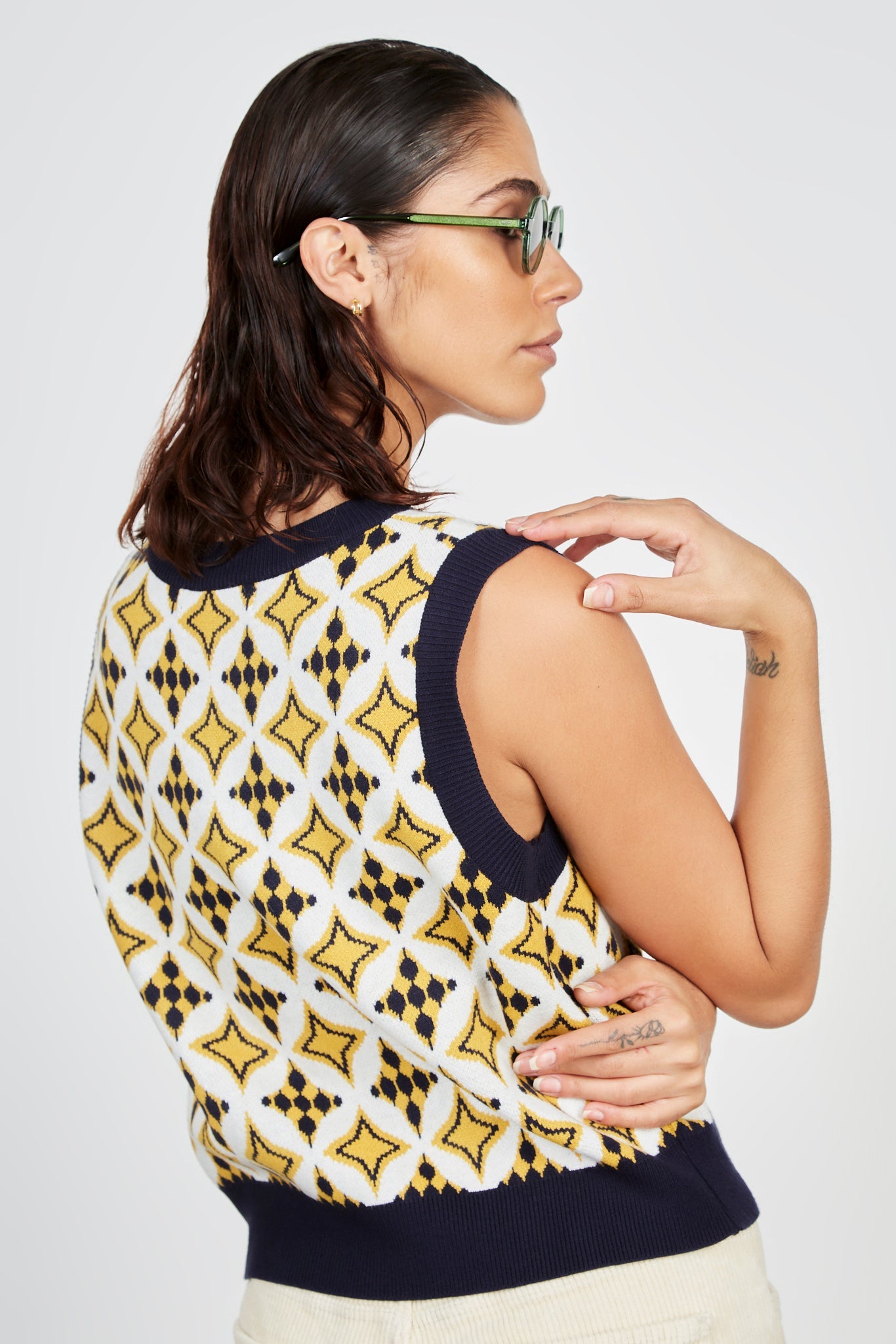 Mustard and navy intarsia graphic sweater vest_3