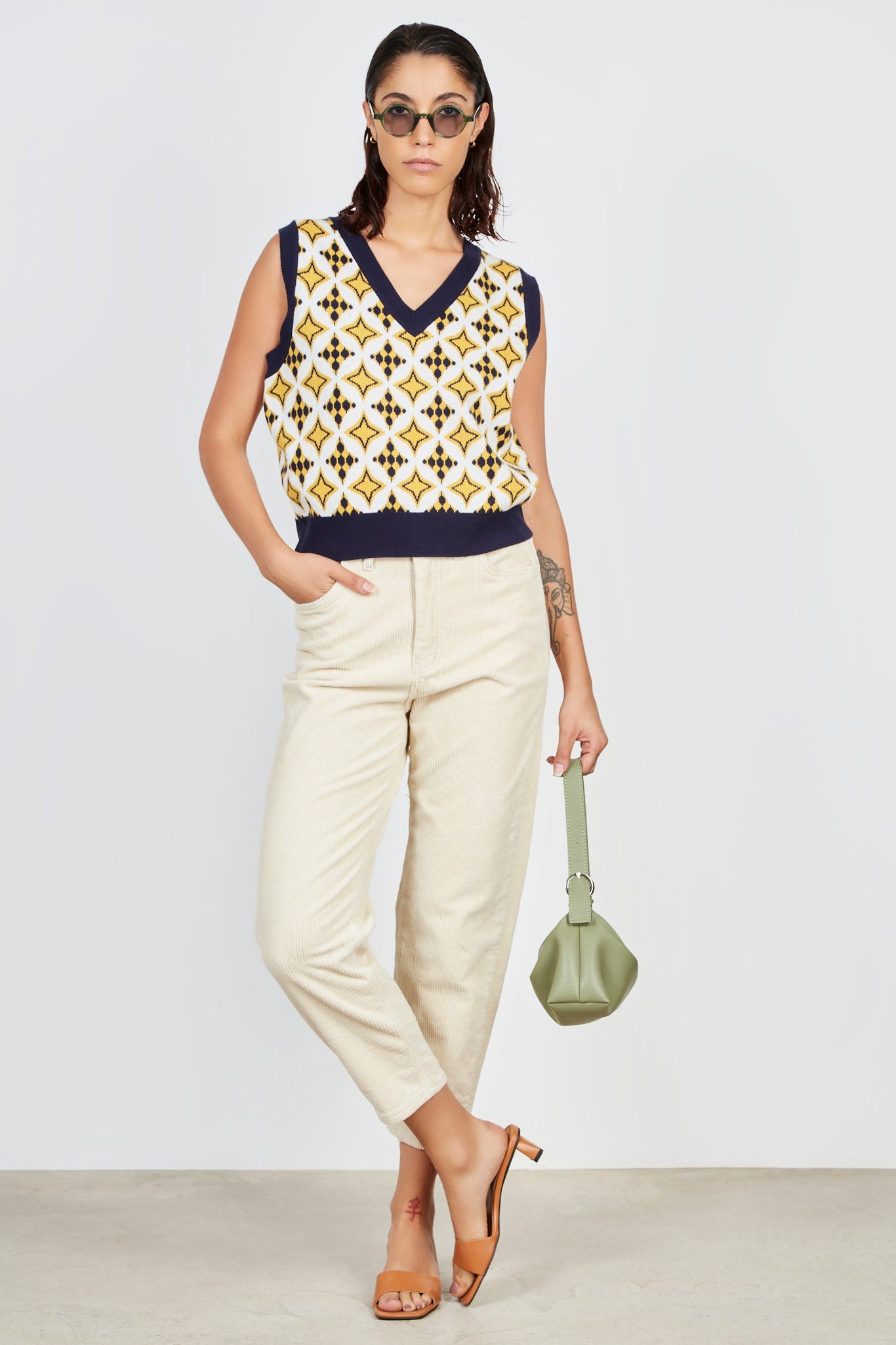 Mustard and navy intarsia graphic sweater vest_4