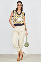 Mustard and navy intarsia graphic sweater vest_4