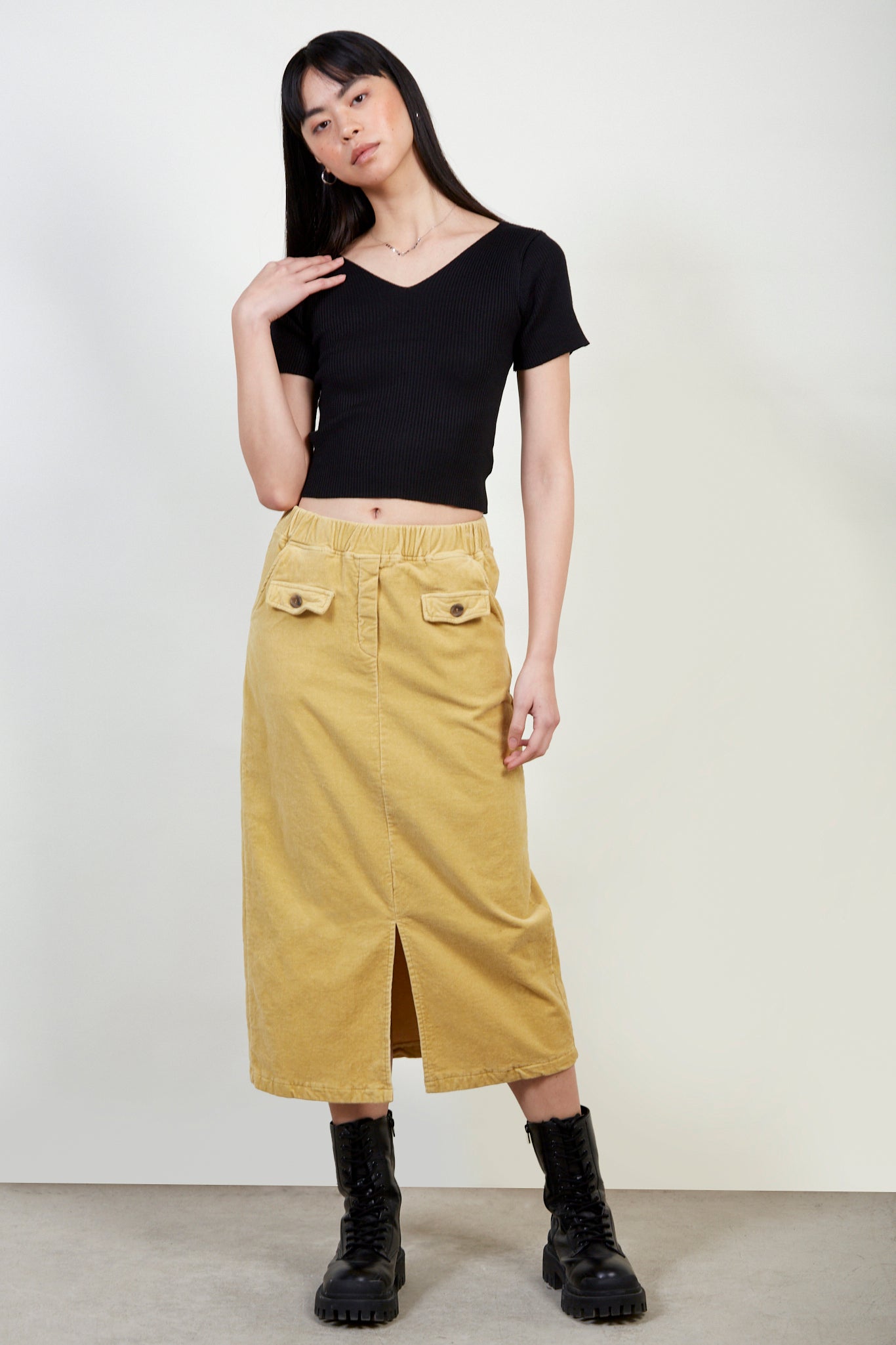Mustard corduroy slit back skirt_2