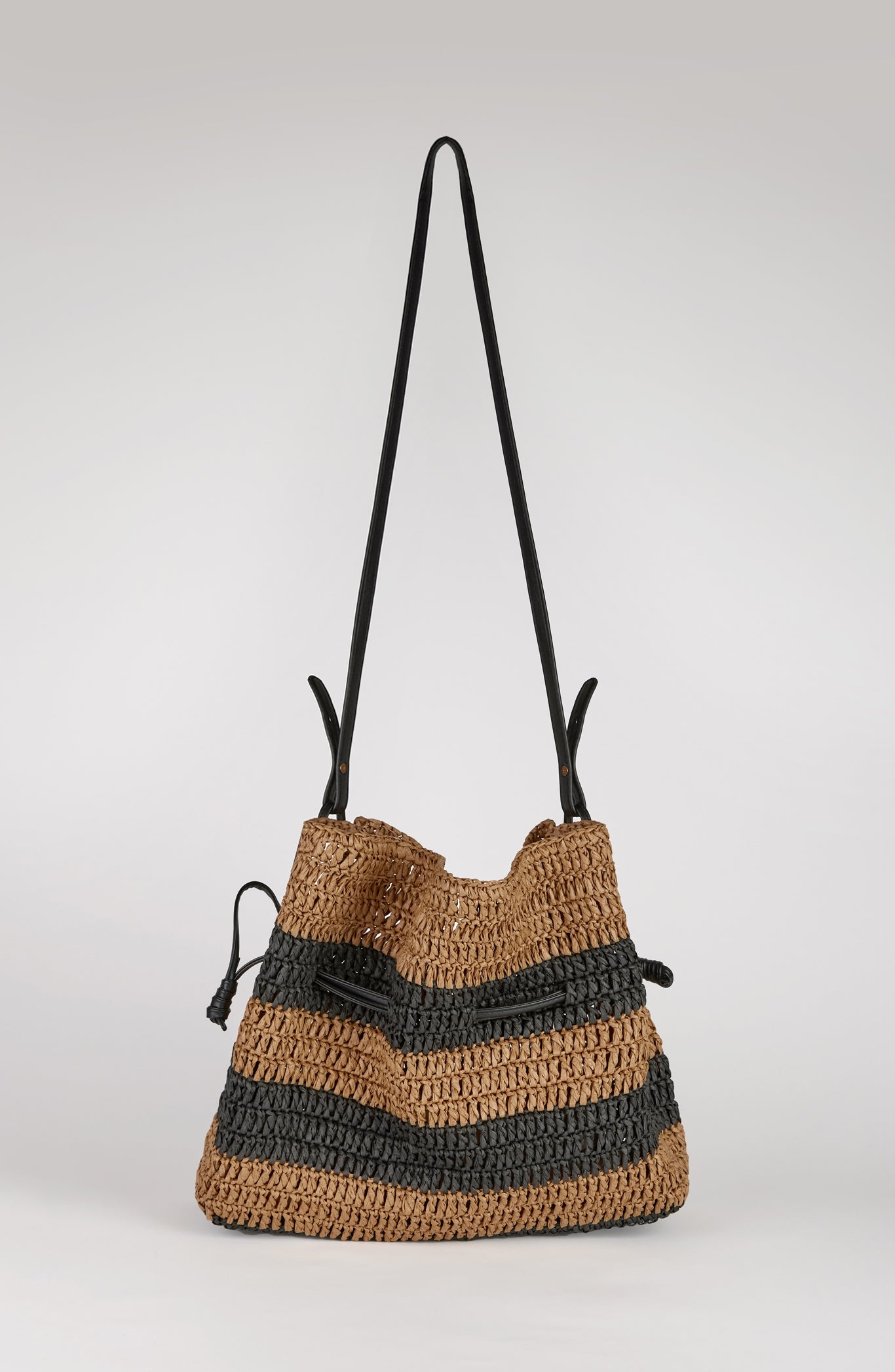 Natural and black striped straw shoulder bag