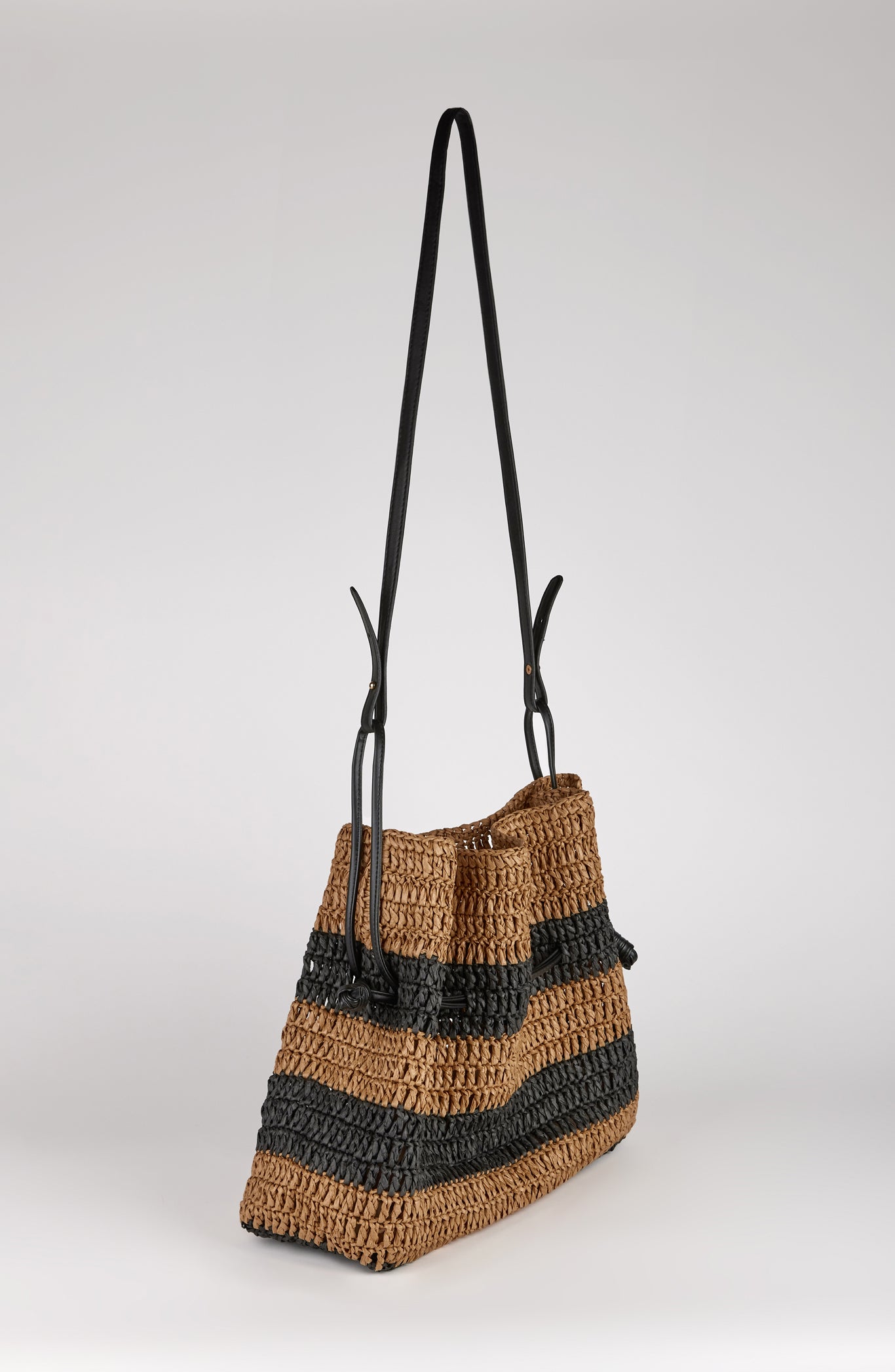 Natural and black striped straw shoulder bag