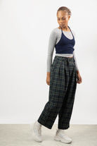 Navy and green plaid pleated trousers_4