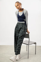 Navy and green plaid pleated trousers_5
