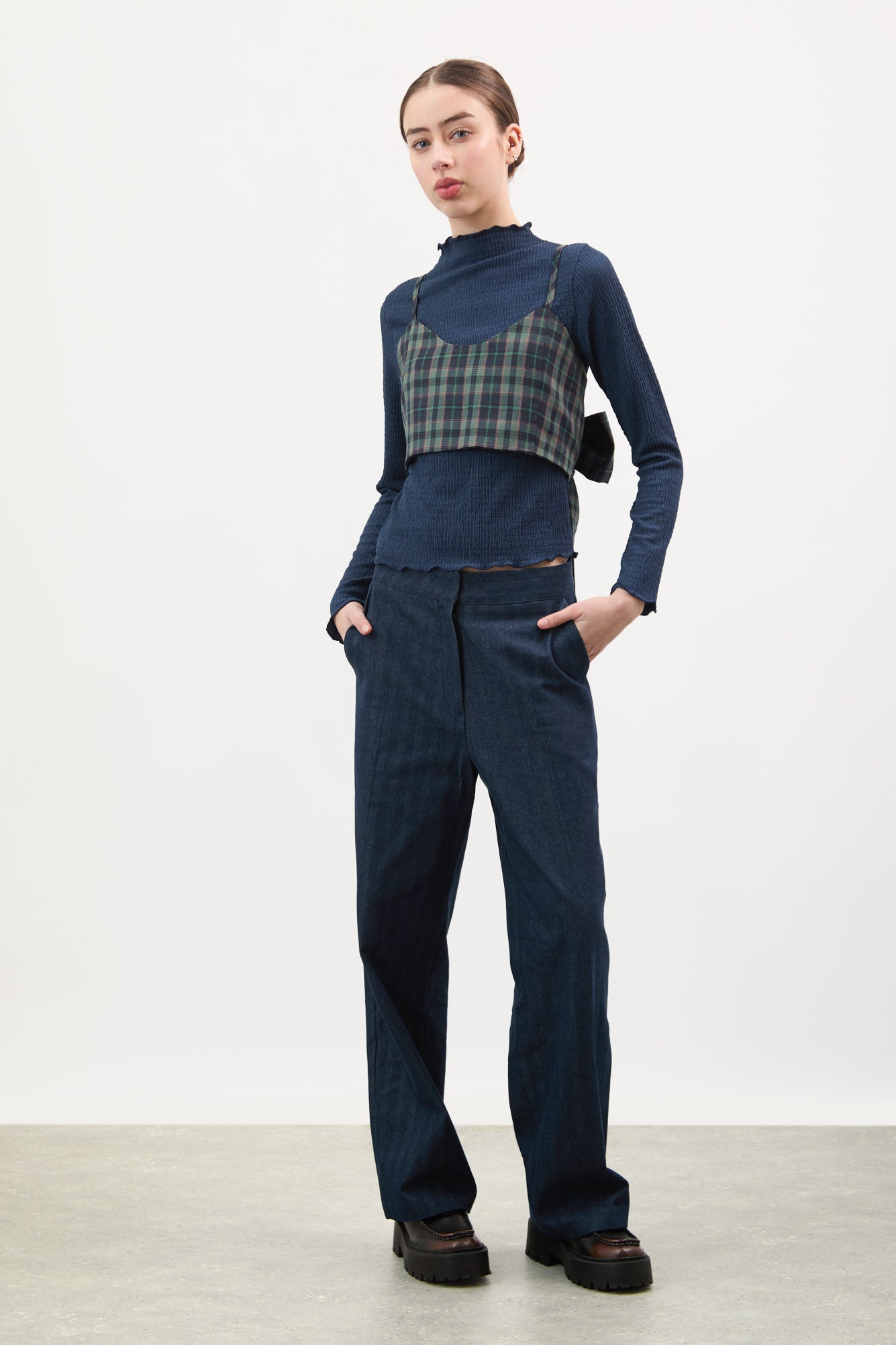 Navy and green plaid tie back tank_3