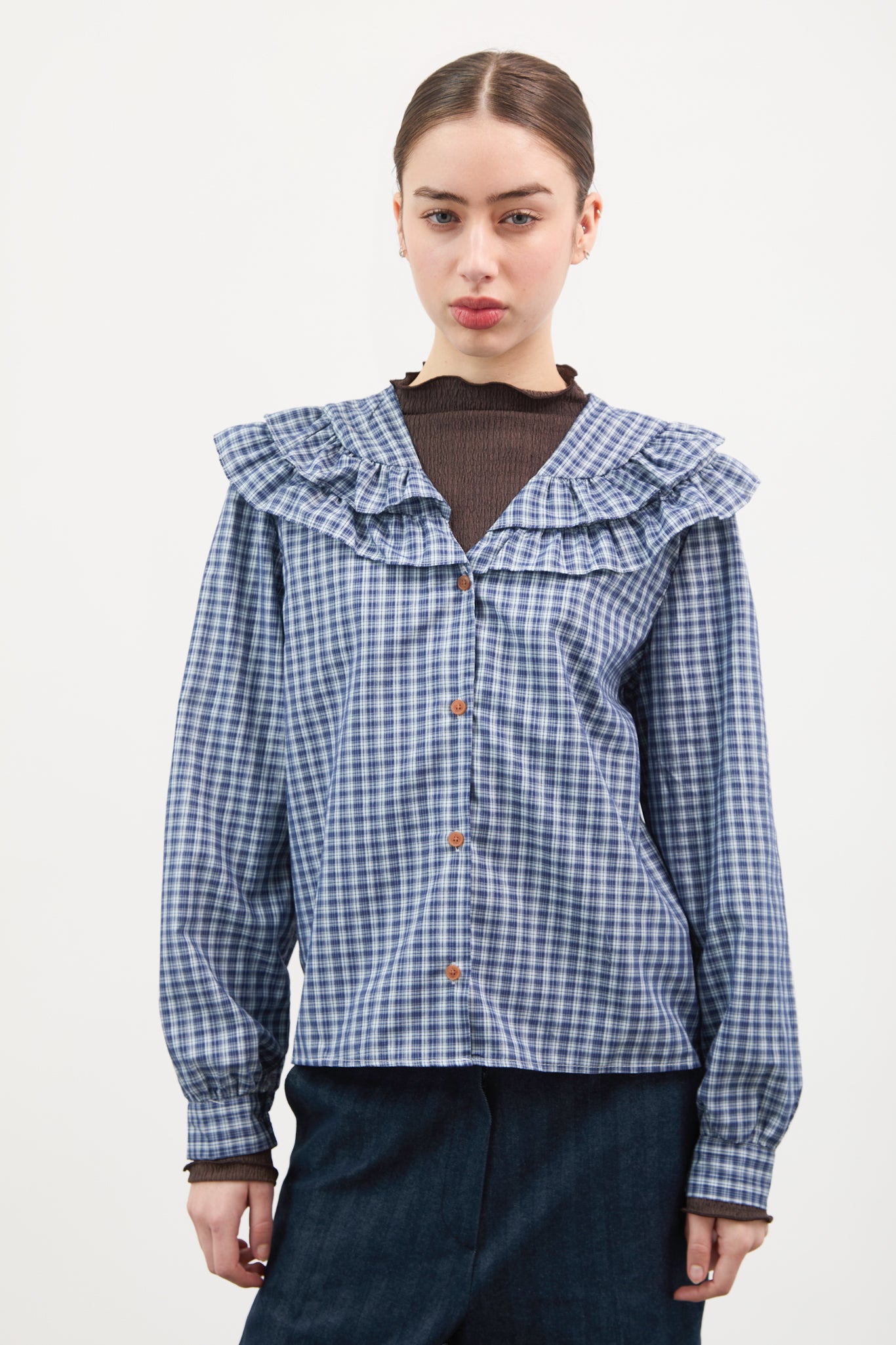 Navy and ivory check double ruffle collar blouse_1