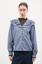 Navy and ivory check double ruffle collar blouse_1