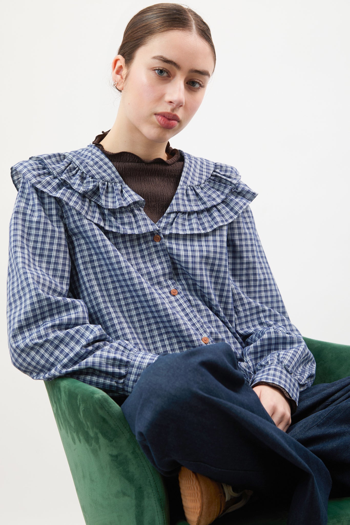 Navy and ivory check double ruffle collar blouse_4