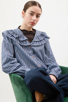 Navy and ivory check double ruffle collar blouse_4