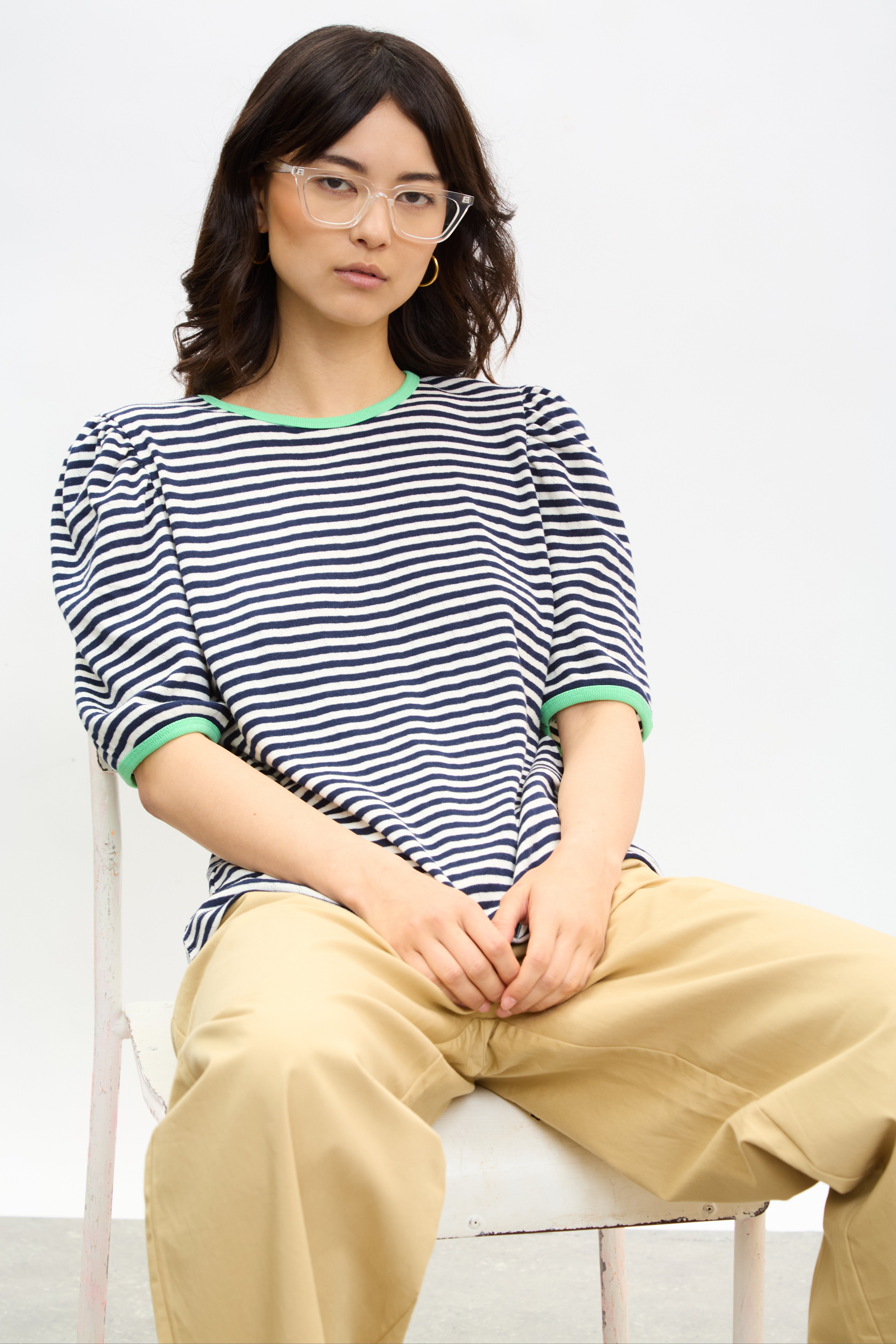 Navy and ivory striped green contrast trim tee_5