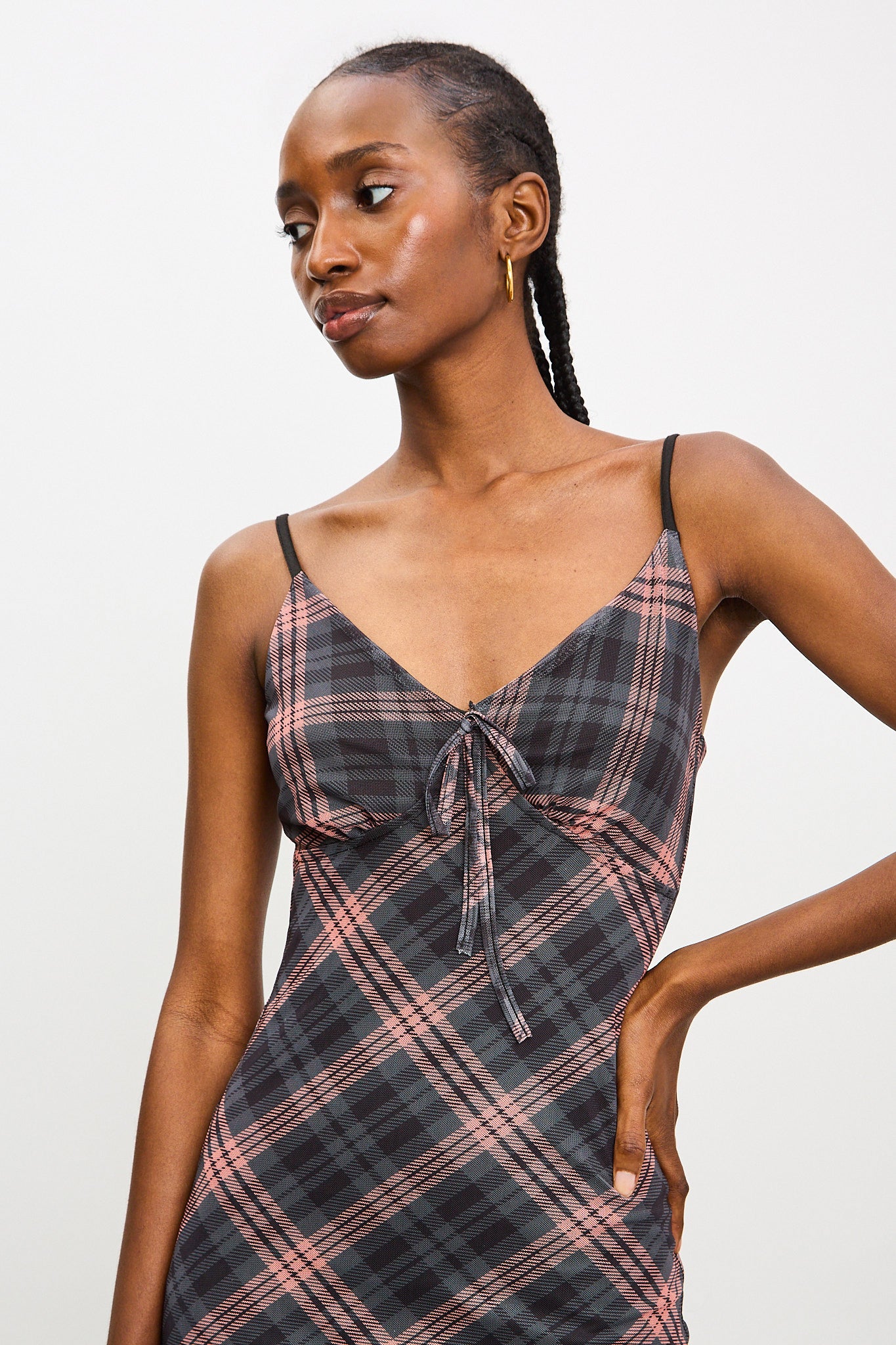 Navy and orange bias plaid strappy dress_3