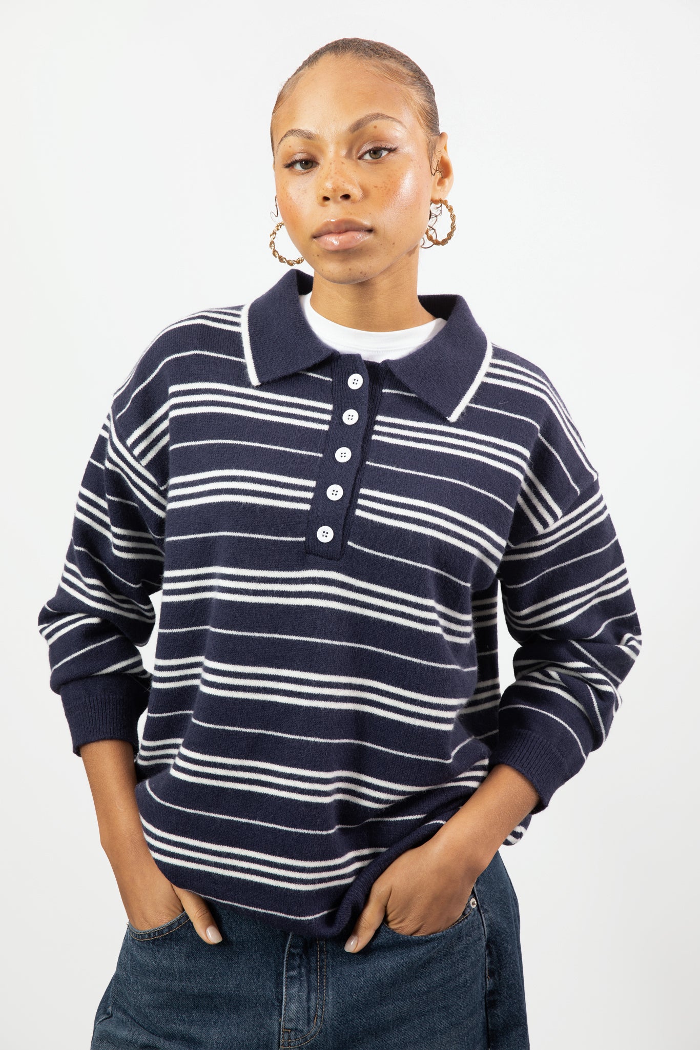 Navy and white striped wool blend knit rugby shirt_1