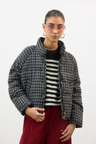 Navy blue and black gingham short puffer coat_3