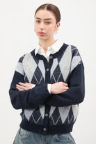 Navy blue and grey argyle alpaca wool blend cardigan_1