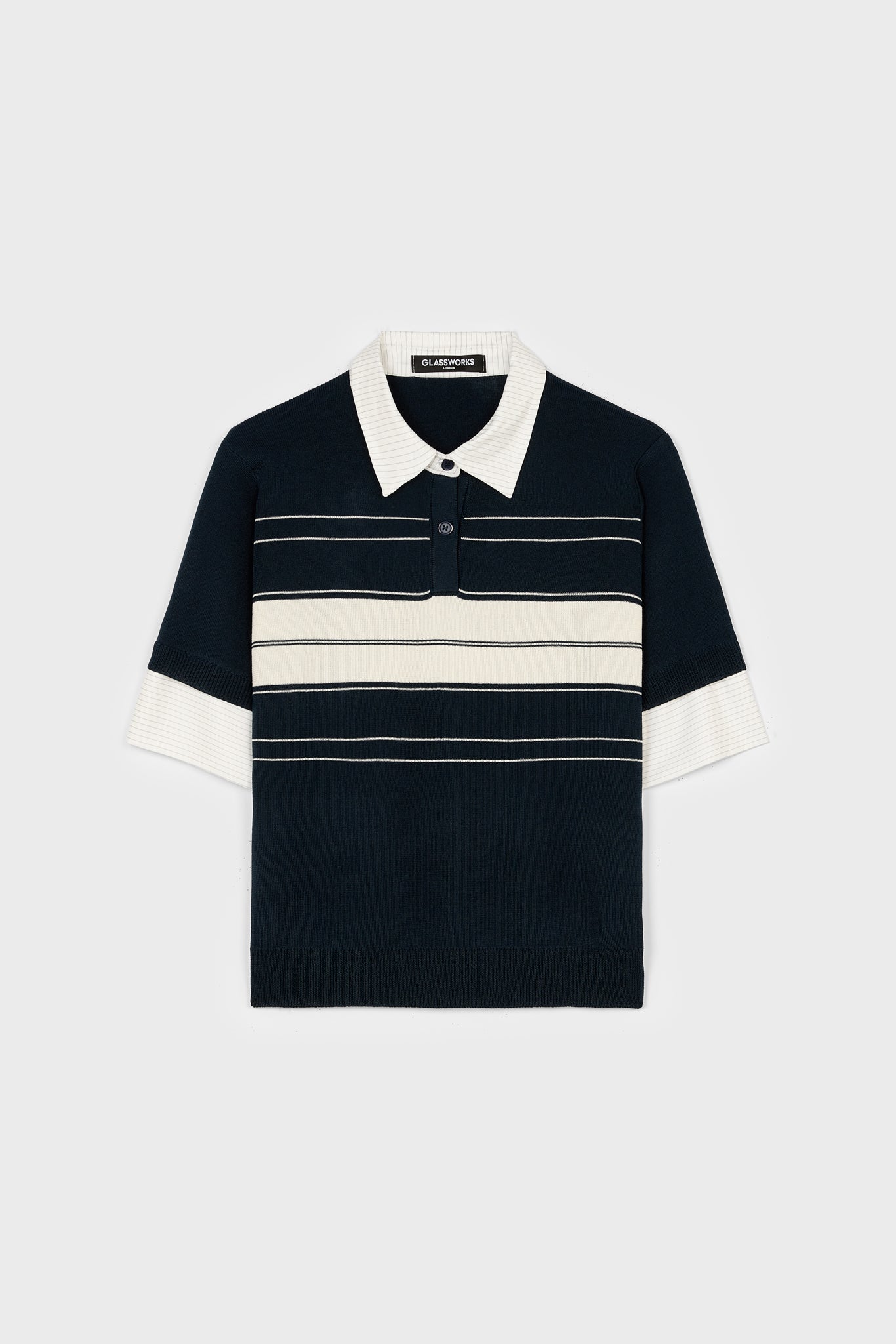 Navy blue and ivory striped contrast collar knit polo_1