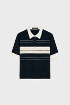 Navy blue and ivory striped contrast collar knit polo_1