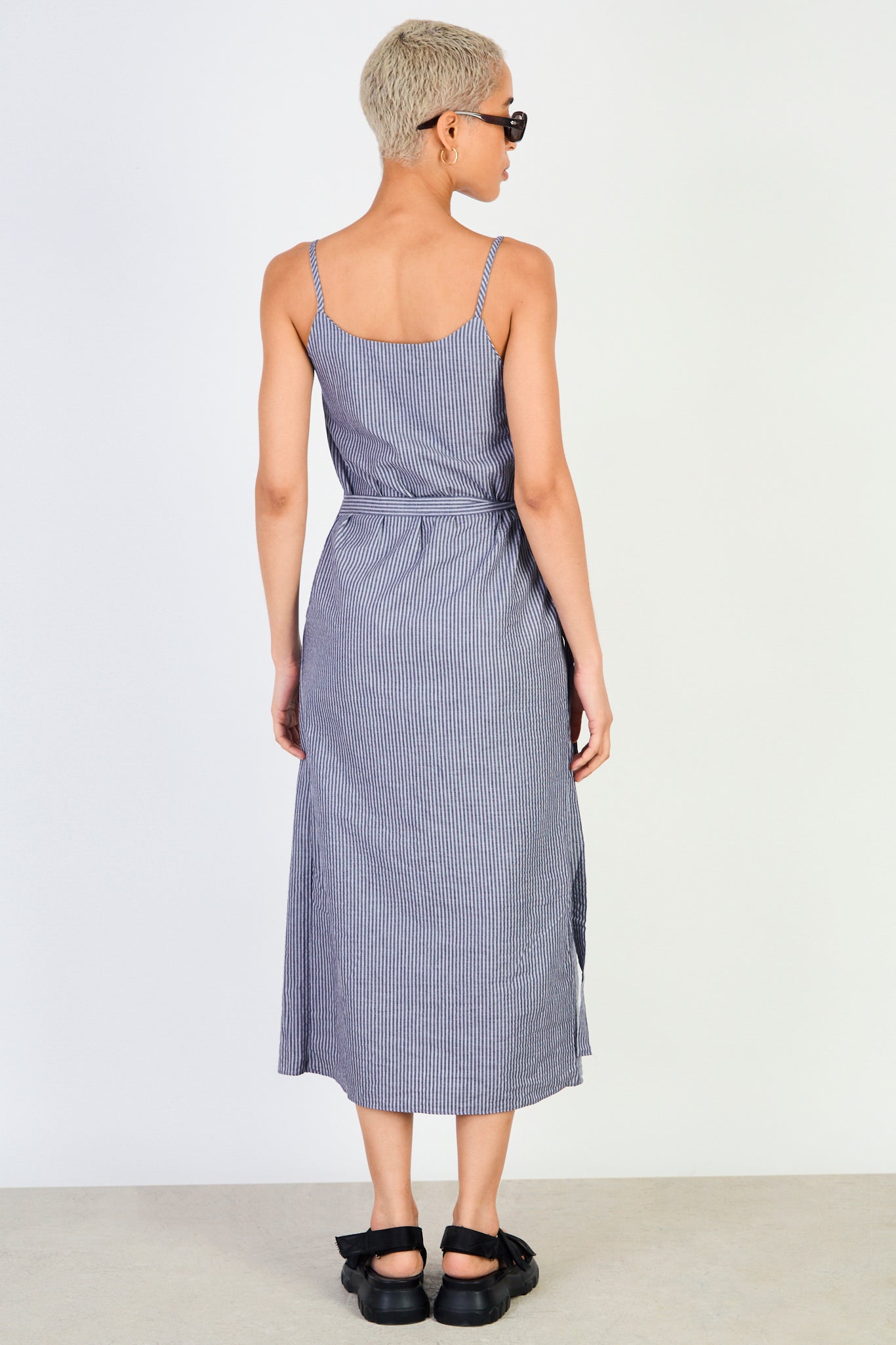 Navy blue and white vertical stripe tie waist dress_2
