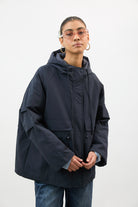 Navy blue checked lining hooded parka_1
