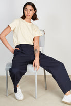 Navy blue cotton twill side cinch trousers_5