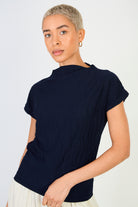 Navy blue crease pleat mock neck tee_1