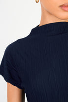 Navy blue crease pleat mock neck tee_3