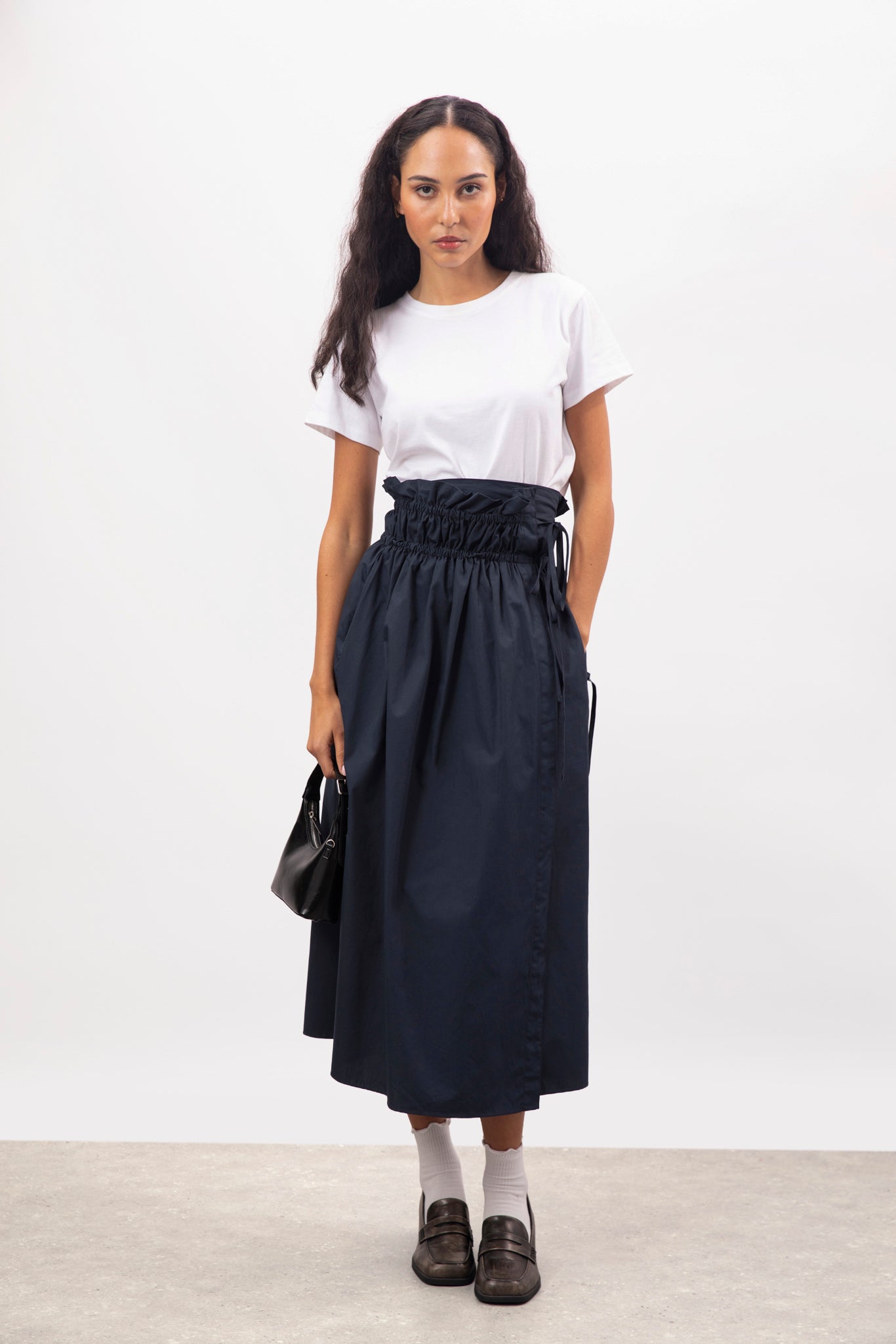 Navy blue double cinch side tie wrap skirt | Glassworks London