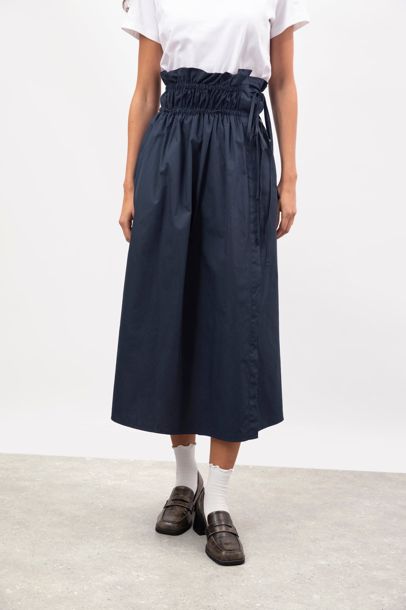 Navy blue double cinch side tie wrap skirt | Glassworks London