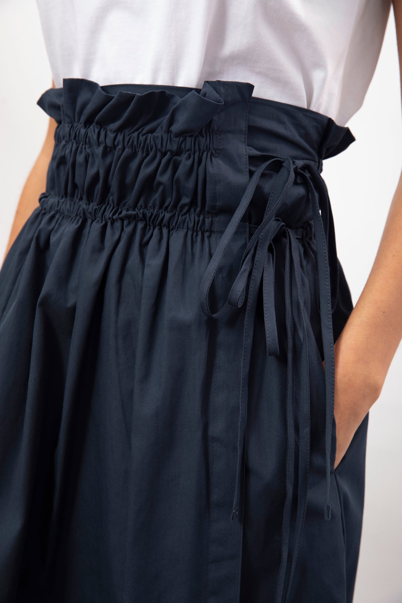 Navy blue double cinch side tie wrap skirt | Glassworks London