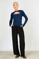 Deep blue ribbed peek front knit top_4